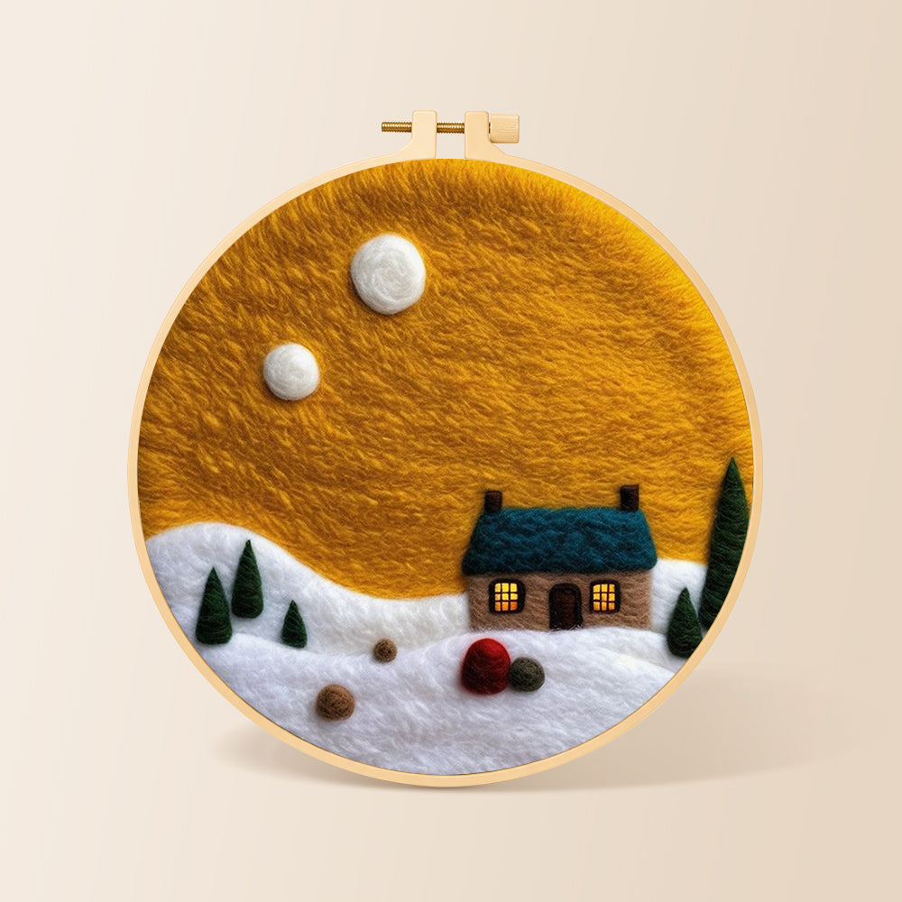 Blue-roof cottage under the yellow sky needle felting kit for beginners with a round wooden frame