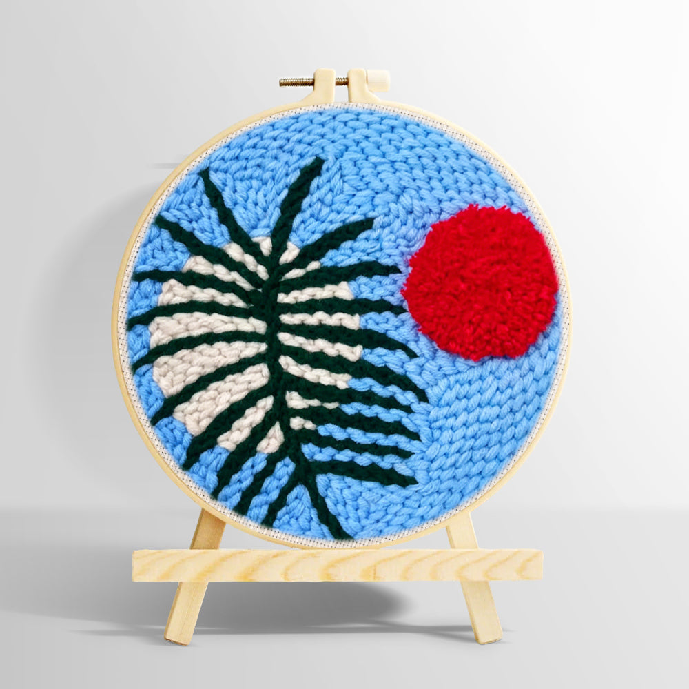 Blue sky botanical with red sun punch needle kit for beginners