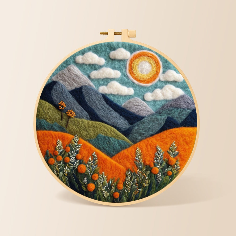 Blue terrain under the sun needle felting kit for beginners with a round wooden frame