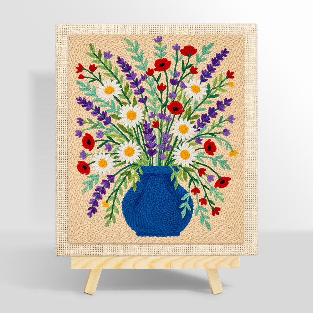 Blue vase with lavender, daisies and poppies punch needle kit for beginners