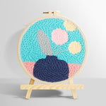 Blue vase with pastel flowers punch needle kit for beginners