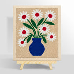 Blue vase with red-centred daisies punch needle kit for beginners