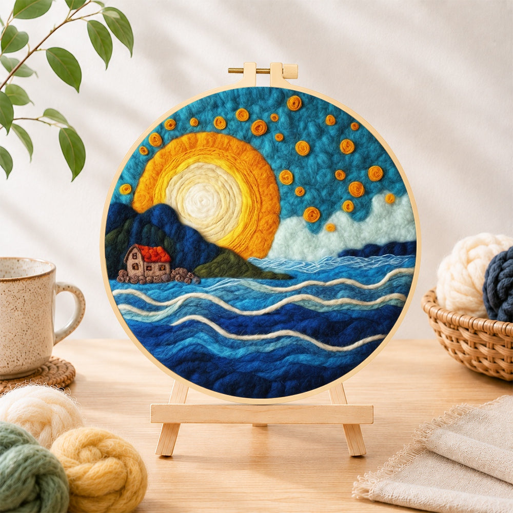 Finished blue waves under the golden sunset needle felting displayed on a wooden easel