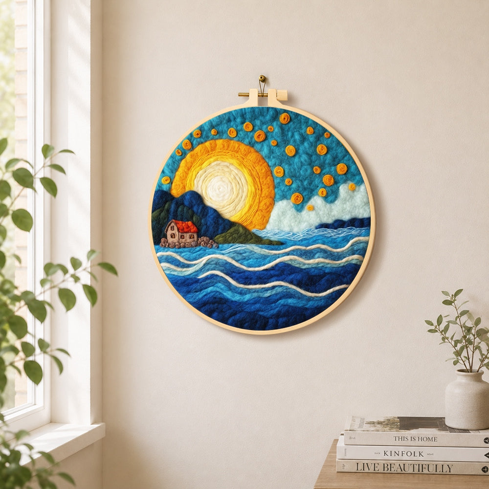 Blue waves under the golden sunset needle felt wall art displayed in a bright home interior
