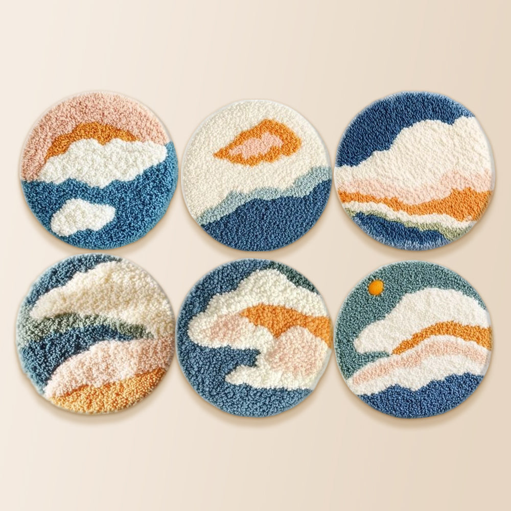 Boho cloud and sea punch needle coaster kit finished handmade coasters