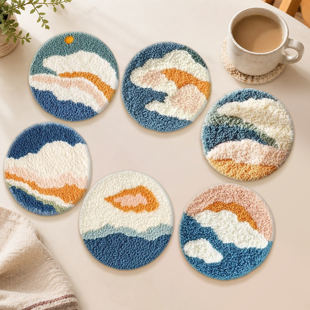 Boho cloud and sea punch needle coasters used for home decoration