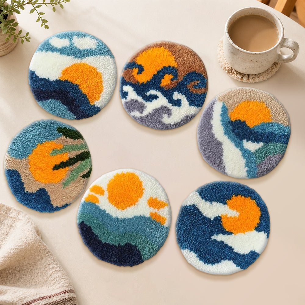 Boho ocean and sunset punch needle coasters used for home decoration