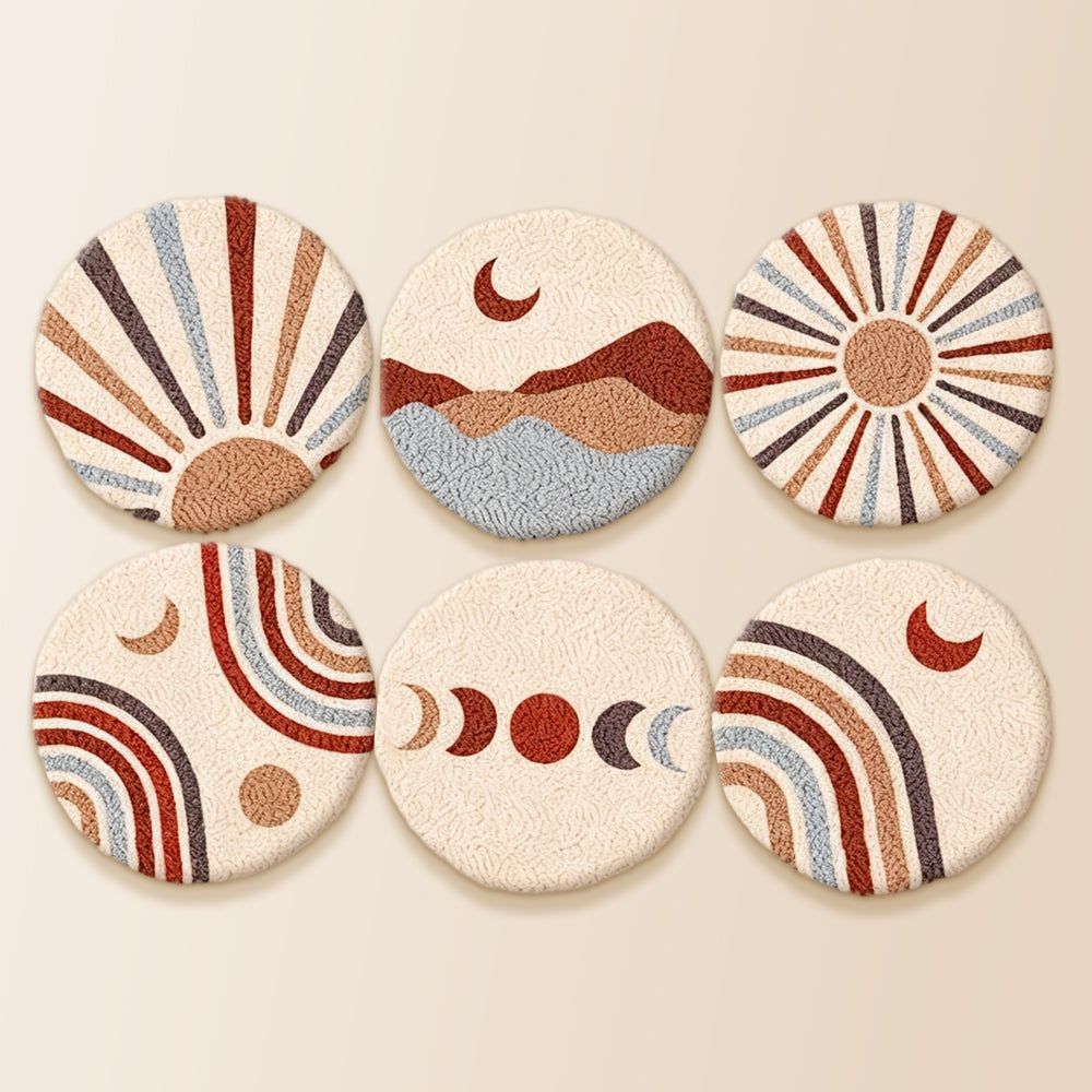 Boho sun, moon and mountain punch needle coaster kit finished handmade coasters