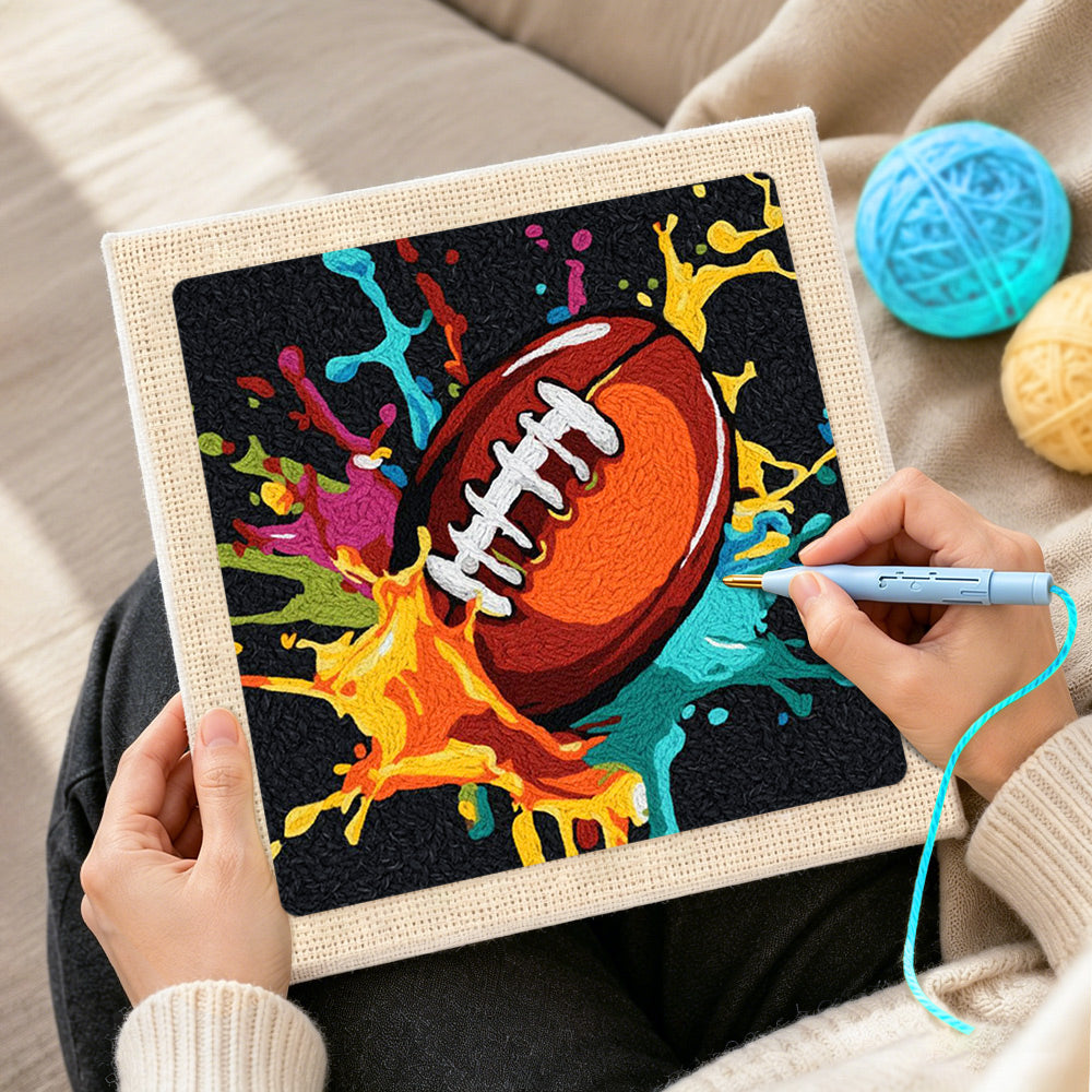Creating handmade bold american football splash art punch needle artwork