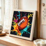 Bold american football splash art punch needle artwork displayed on a table