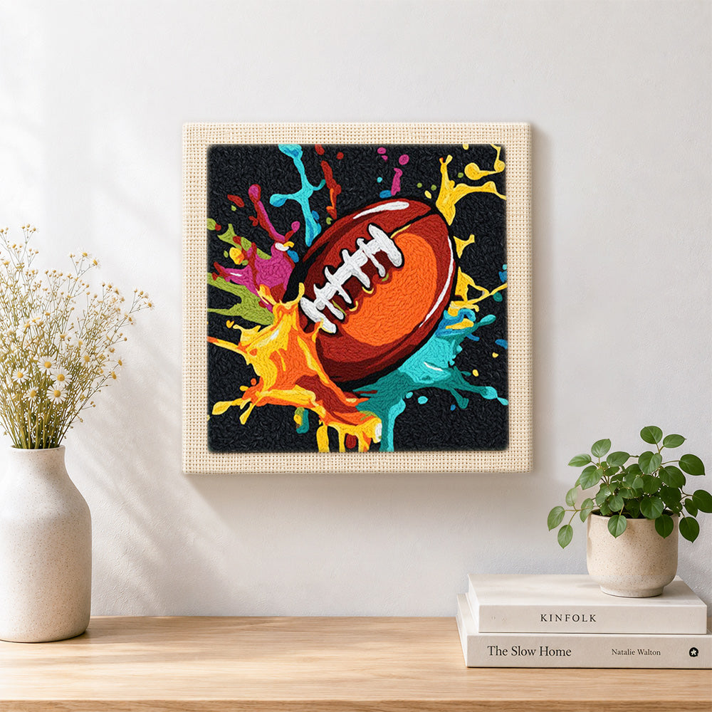 Finished bold american football splash art artwork displayed on a wall