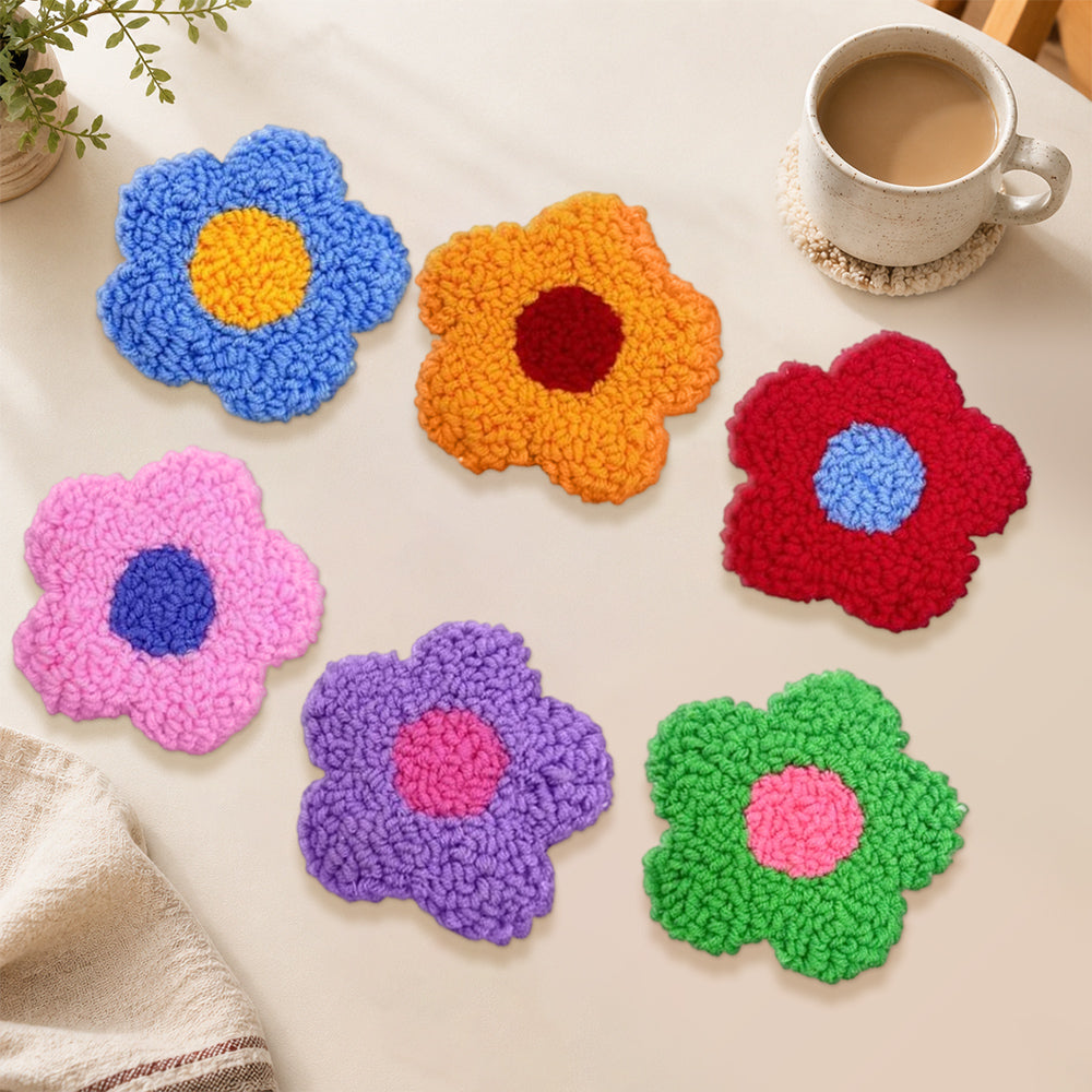 Bold contrast flowers punch needle coasters used for home decoration