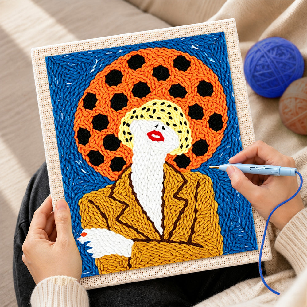 Creating handmade bold pop art woman punch needle artwork