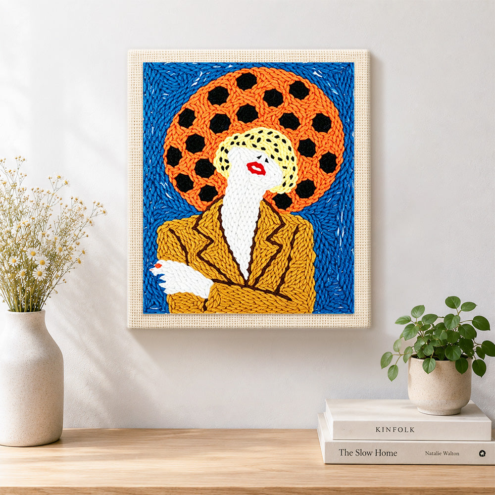 Finished bold pop art woman artwork displayed on a wall
