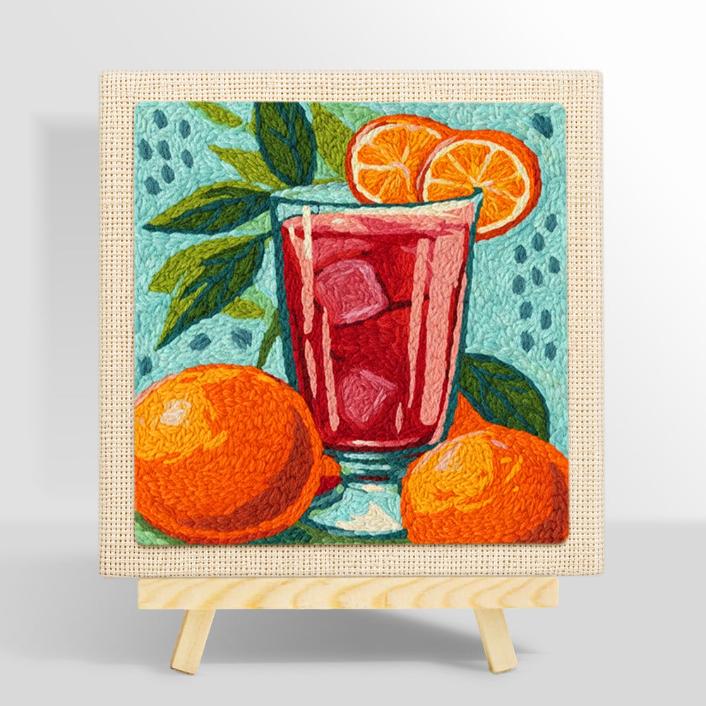 Bold red drink with oranges punch needle kit for beginners