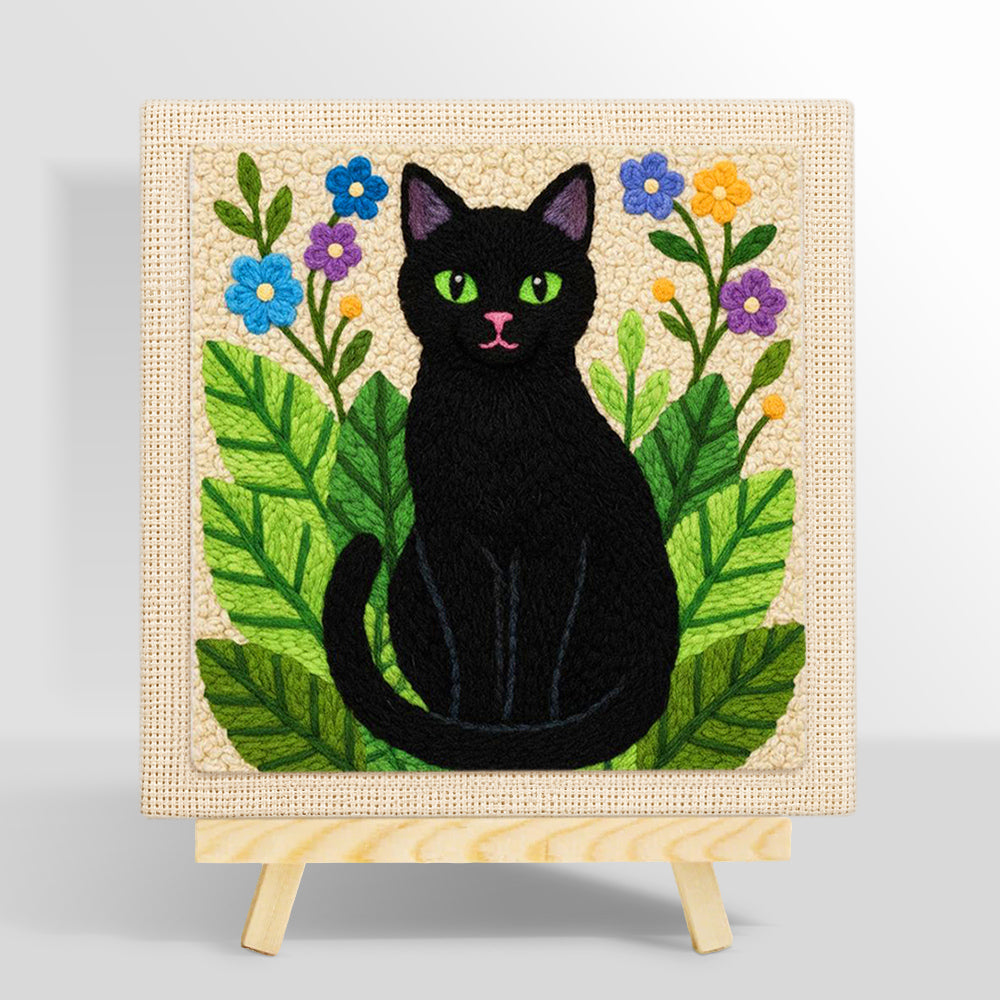 Botanical black cat punch needle kit for beginners
