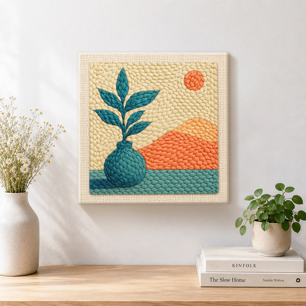 Finished botanical vase and mountains artwork displayed on a wall