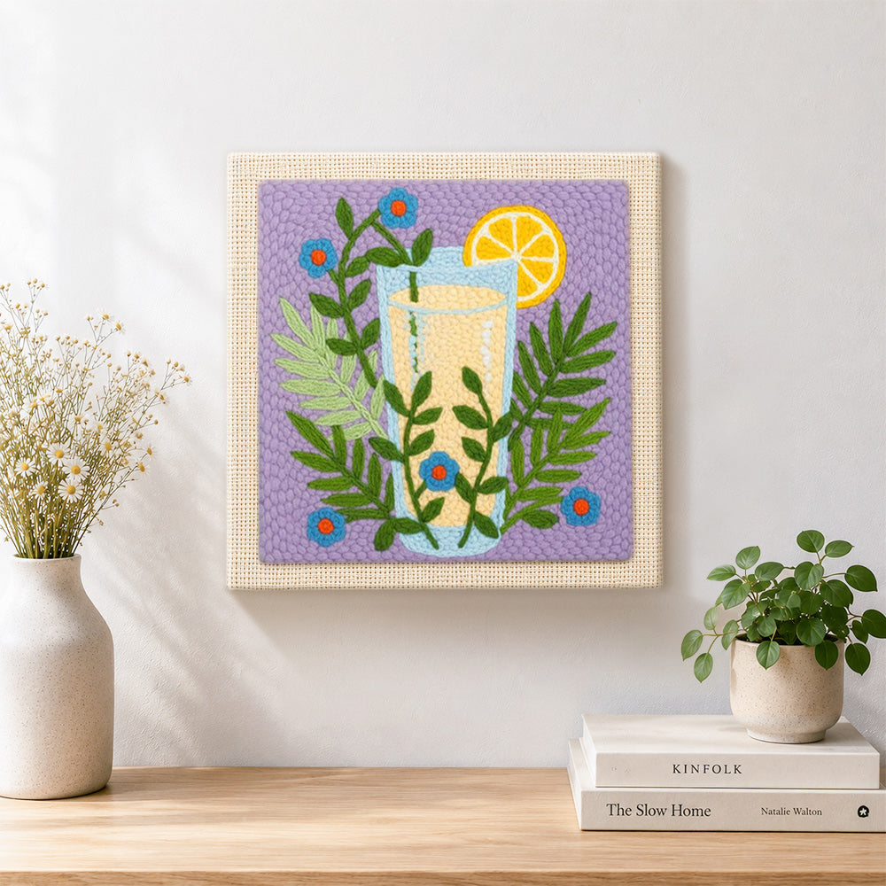 Finished botanical yellow drink artwork displayed on a wall