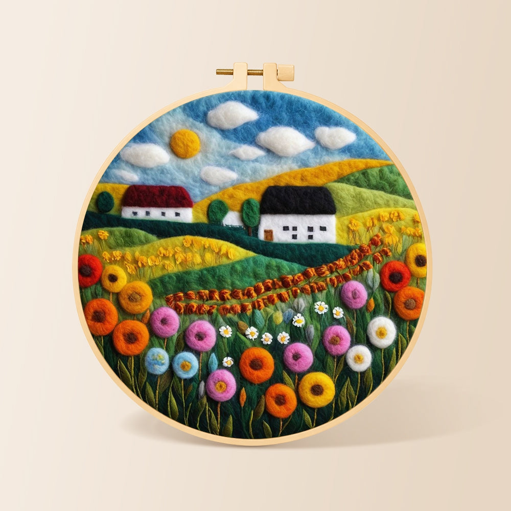 Bountiful wildflower field and summer cottage needle felting kit for beginners with a round wooden frame