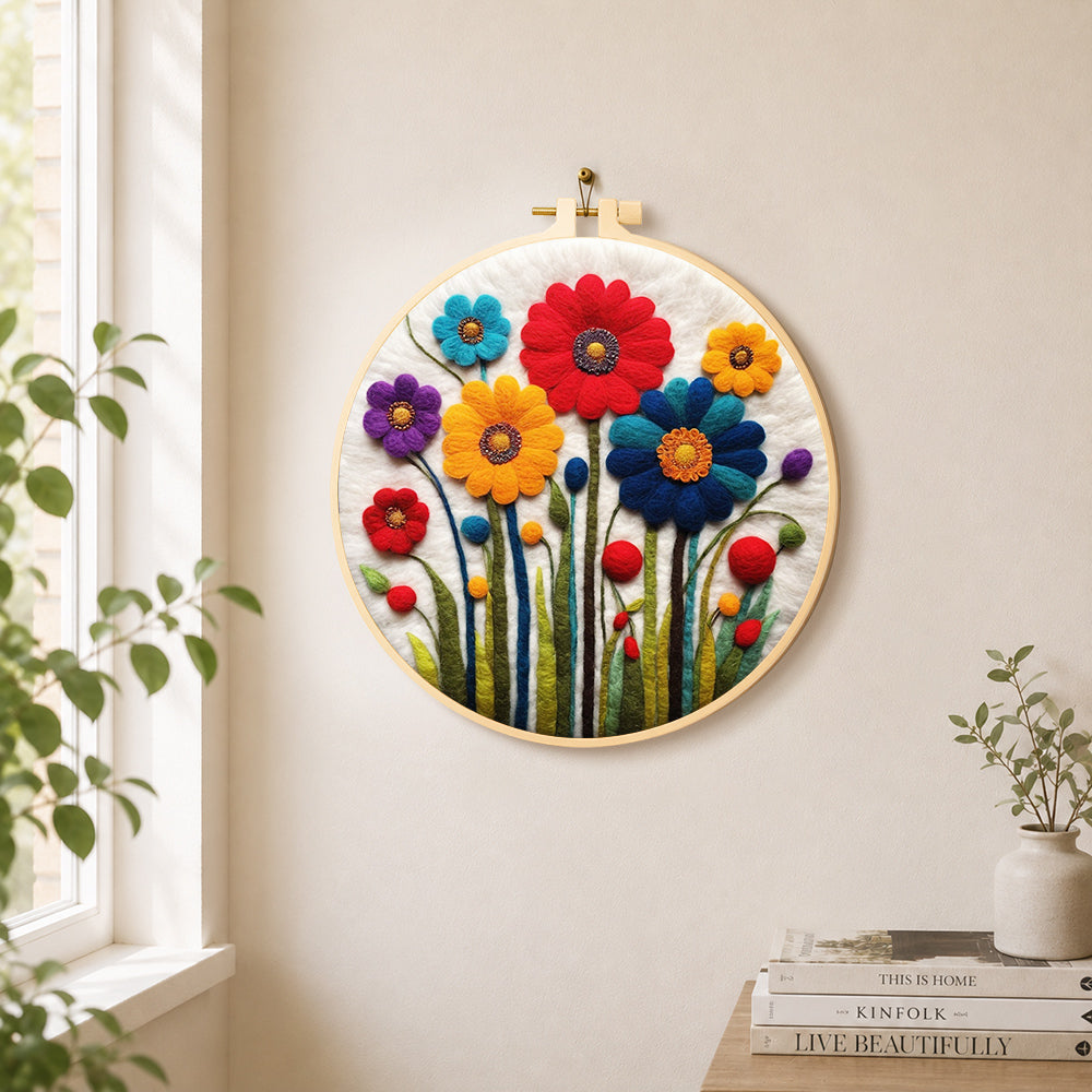 Bright and cheerful wildflowers needle felt wall art displayed in a bright home interior