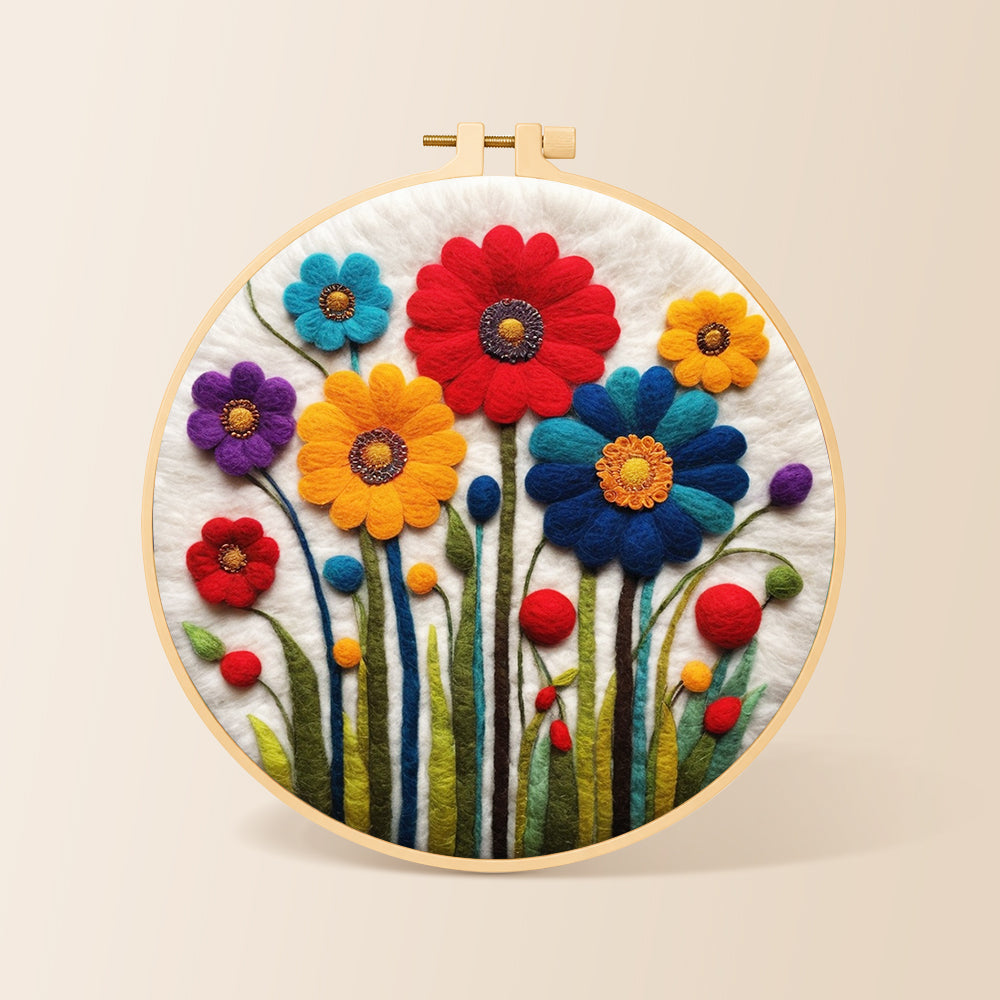 Bright and cheerful wildflowers needle felting kit for beginners with a round wooden frame