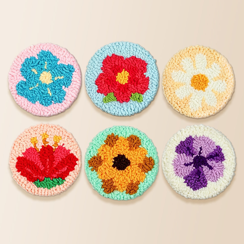 Bright flowers punch needle coaster kit finished handmade coasters