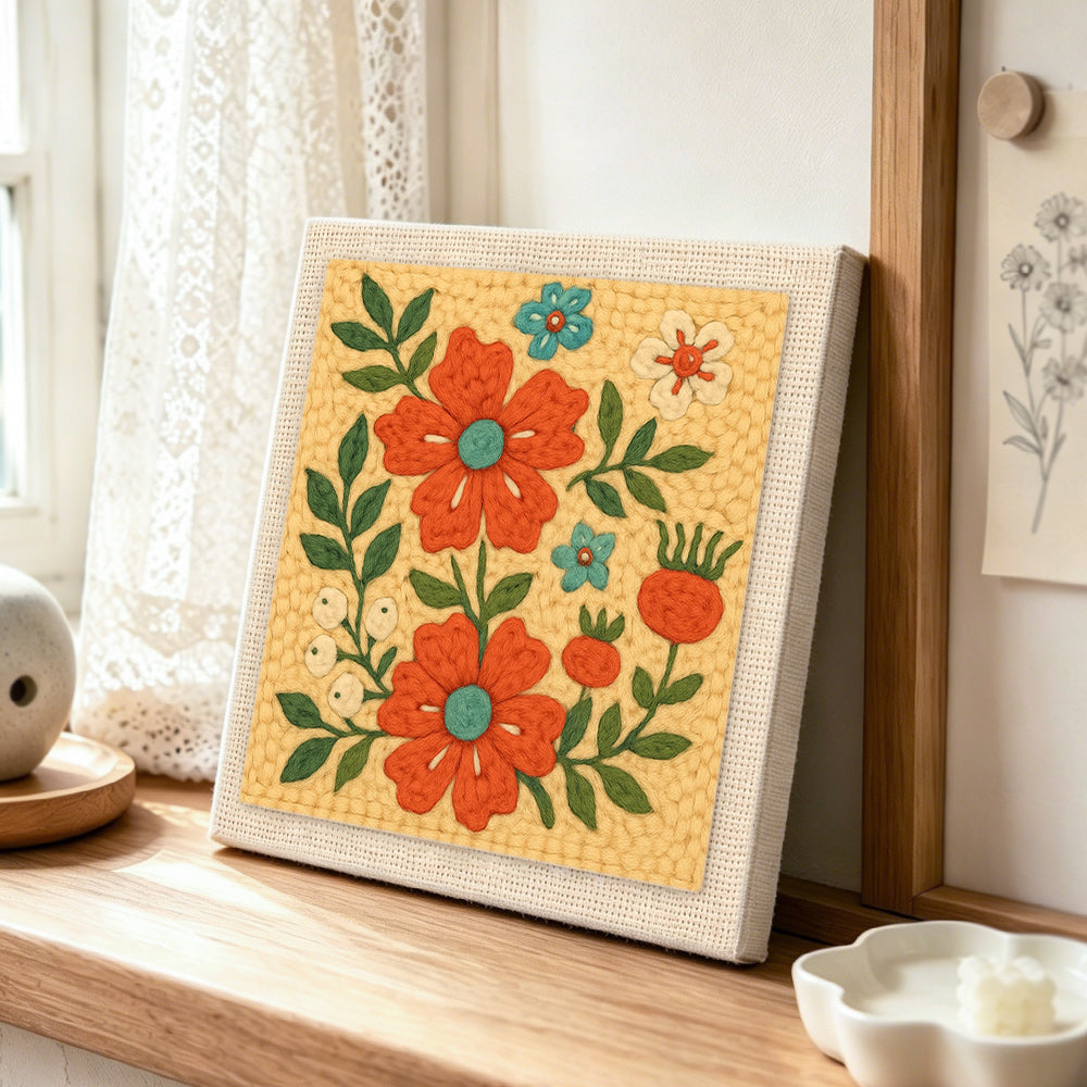 Bright orange flowers punch needle artwork displayed on a table