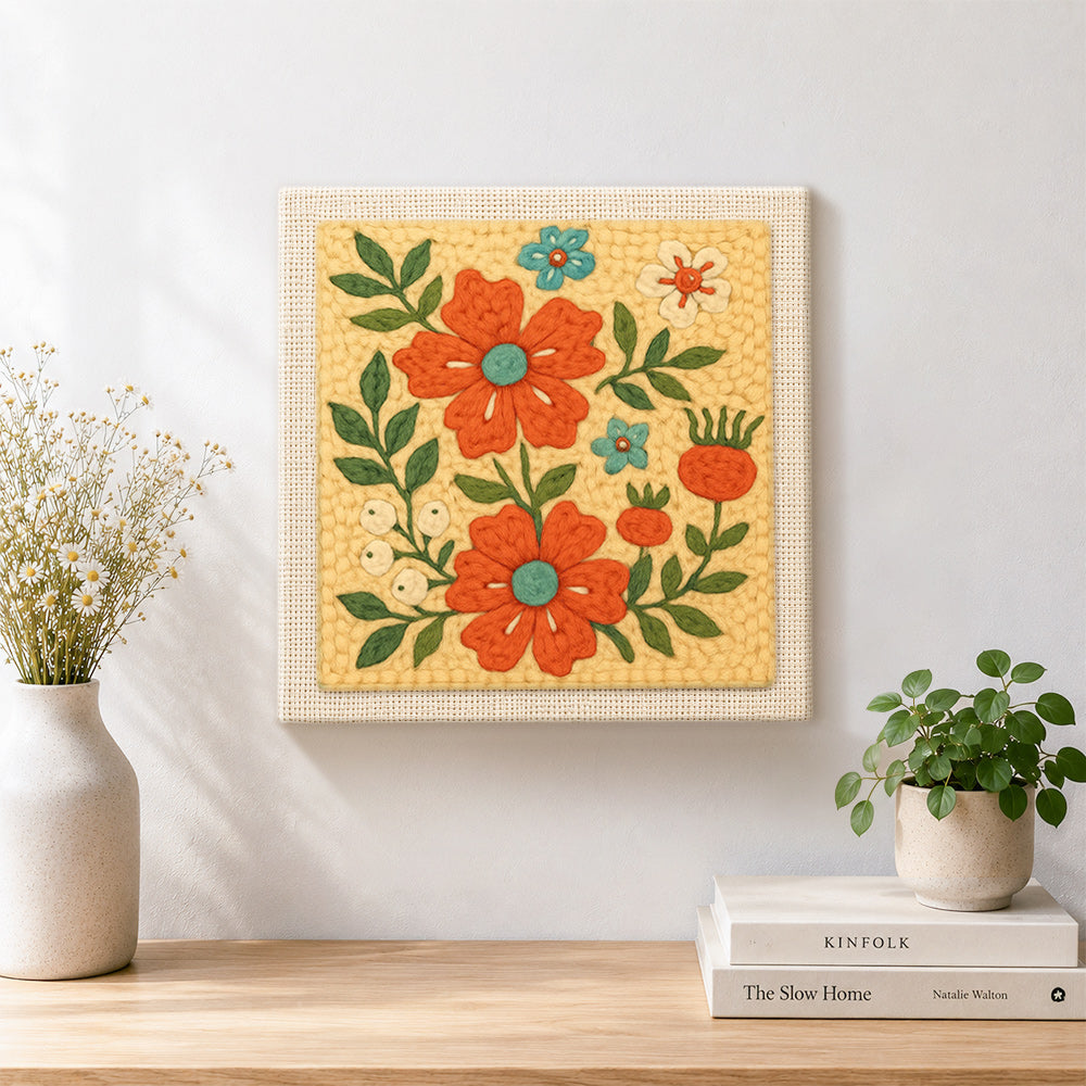 Finished bright orange flowers artwork displayed on a wall