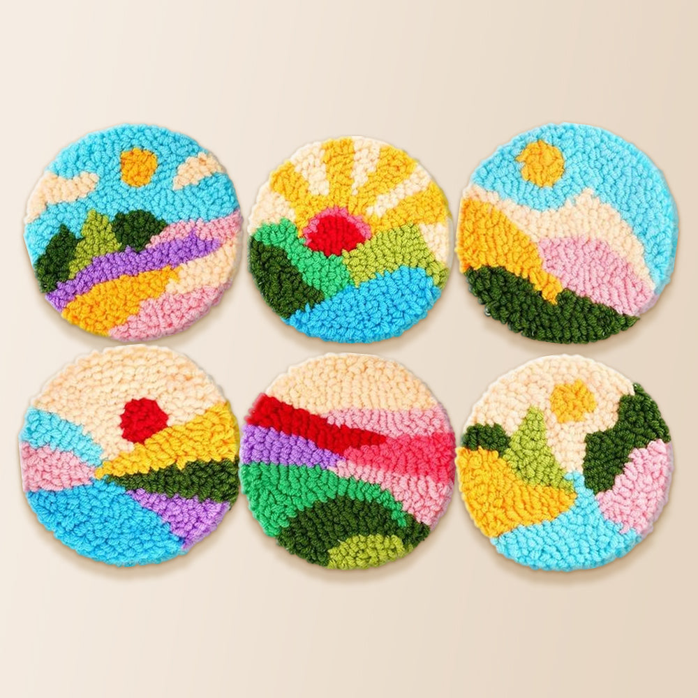 Bright sunrise and mountains punch needle coaster kit finished handmade coasters