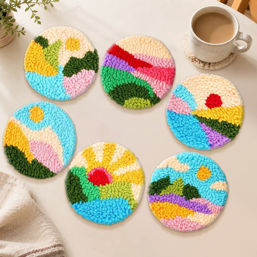 Bright sunrise and mountains punch needle coasters used for home decoration