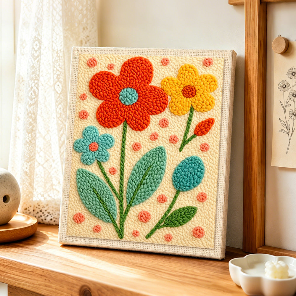 Bright tricolour flowers punch needle artwork displayed on a table