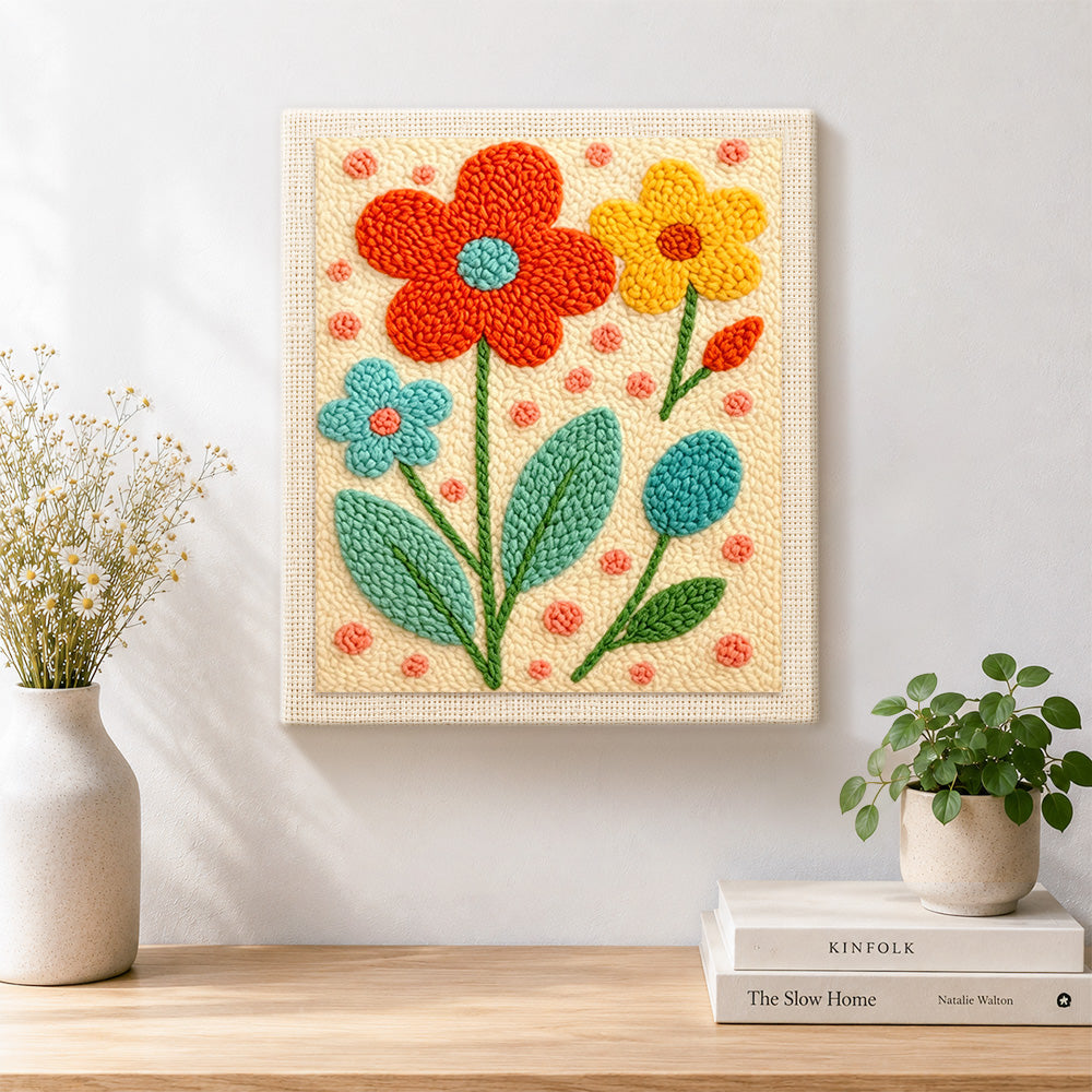Finished bright tricolour flowers artwork displayed on a wall