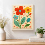 Finished bright tricolour flowers artwork displayed on a wall