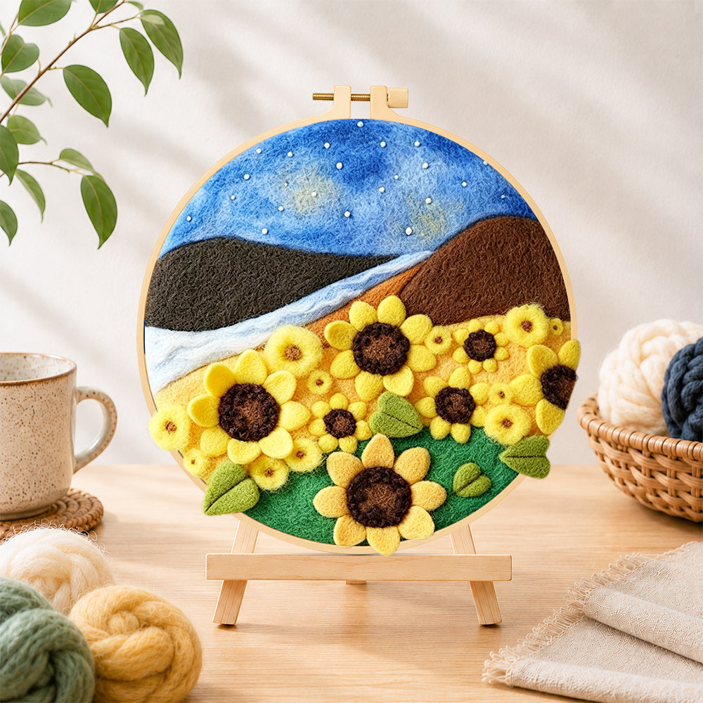 Finished brilliant sunflowers under the starry night needle felting displayed on a wooden easel
