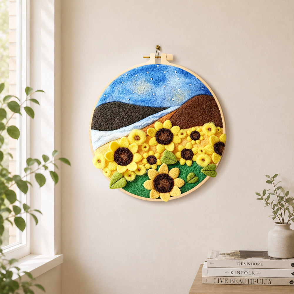 Brilliant sunflowers under the starry night needle felt wall art displayed in a bright home interior