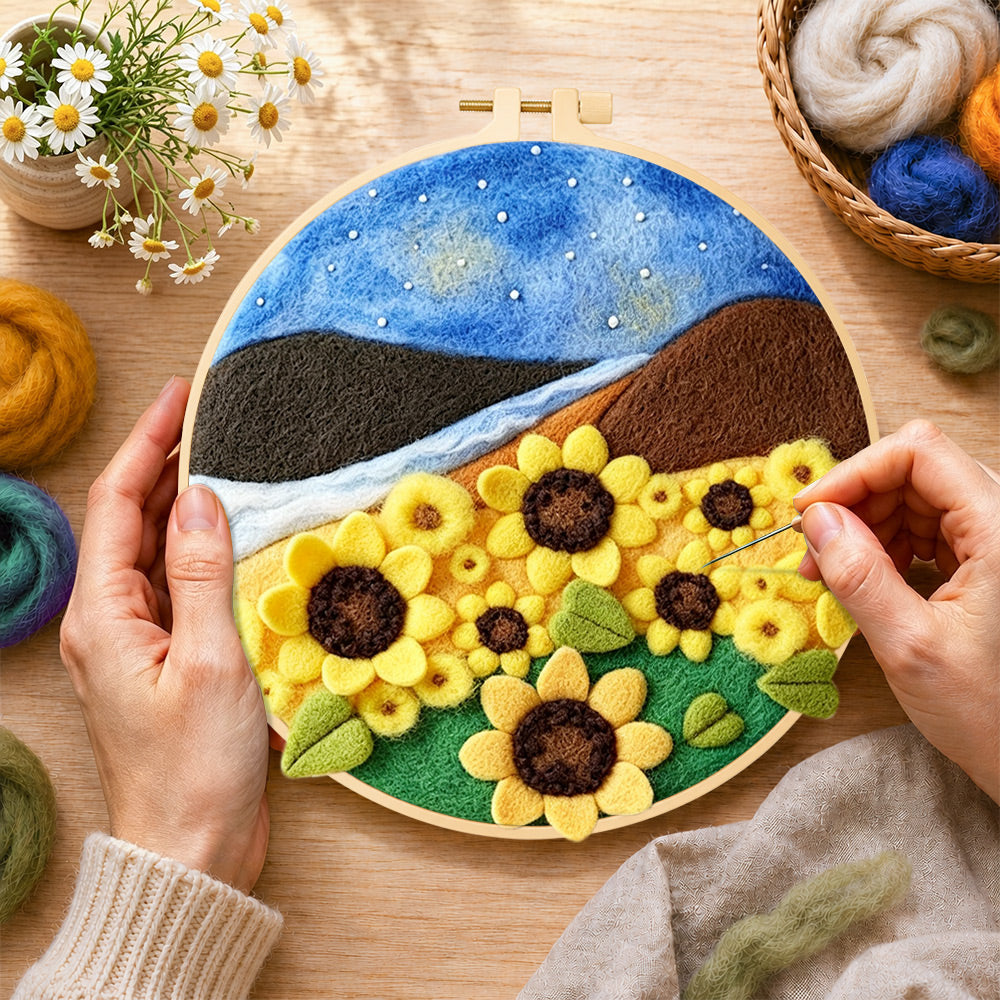 Creating the brilliant sunflowers under the starry night wool painting by hand with a felting needle