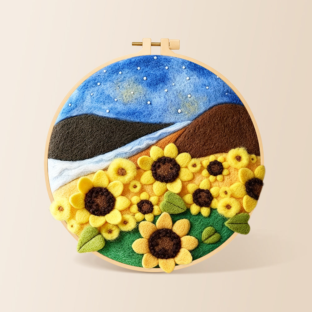 Brilliant sunflowers under the starry night needle felting kit for beginners with a round wooden frame