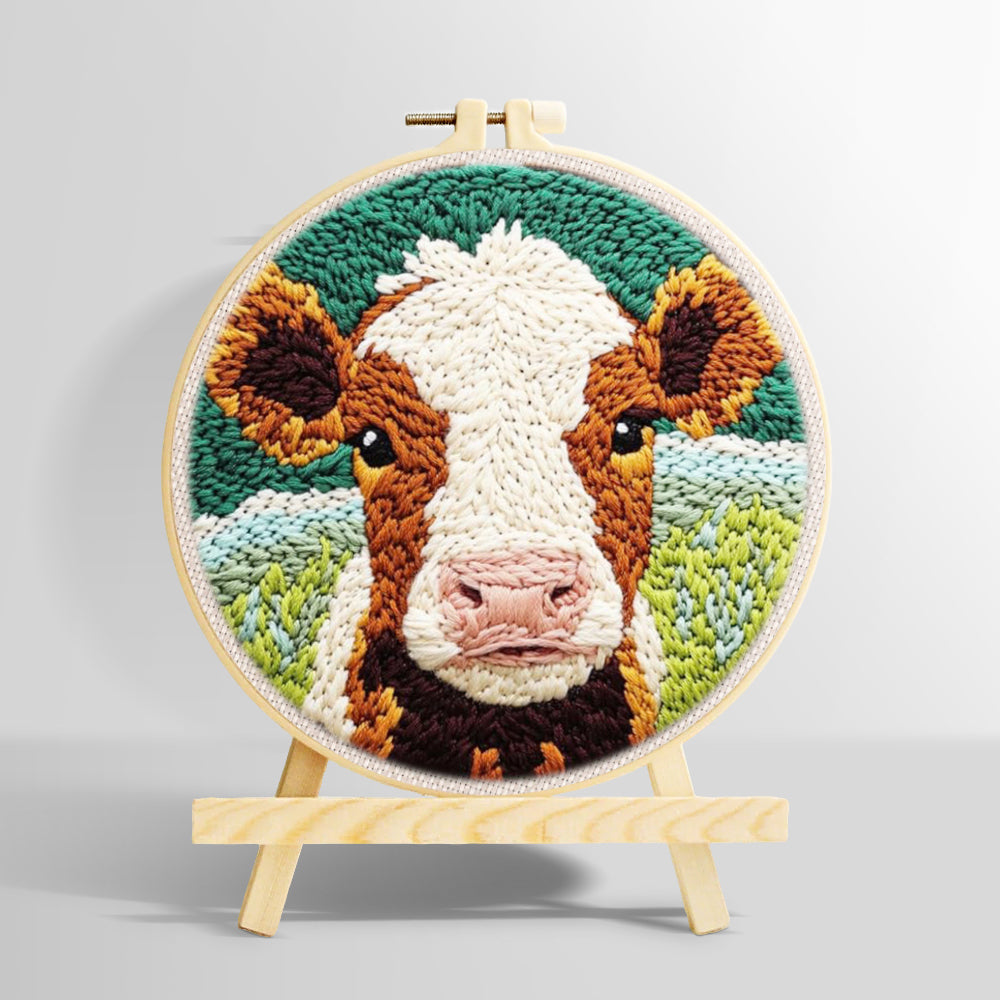 Brown and white cow face punch needle kit for beginners