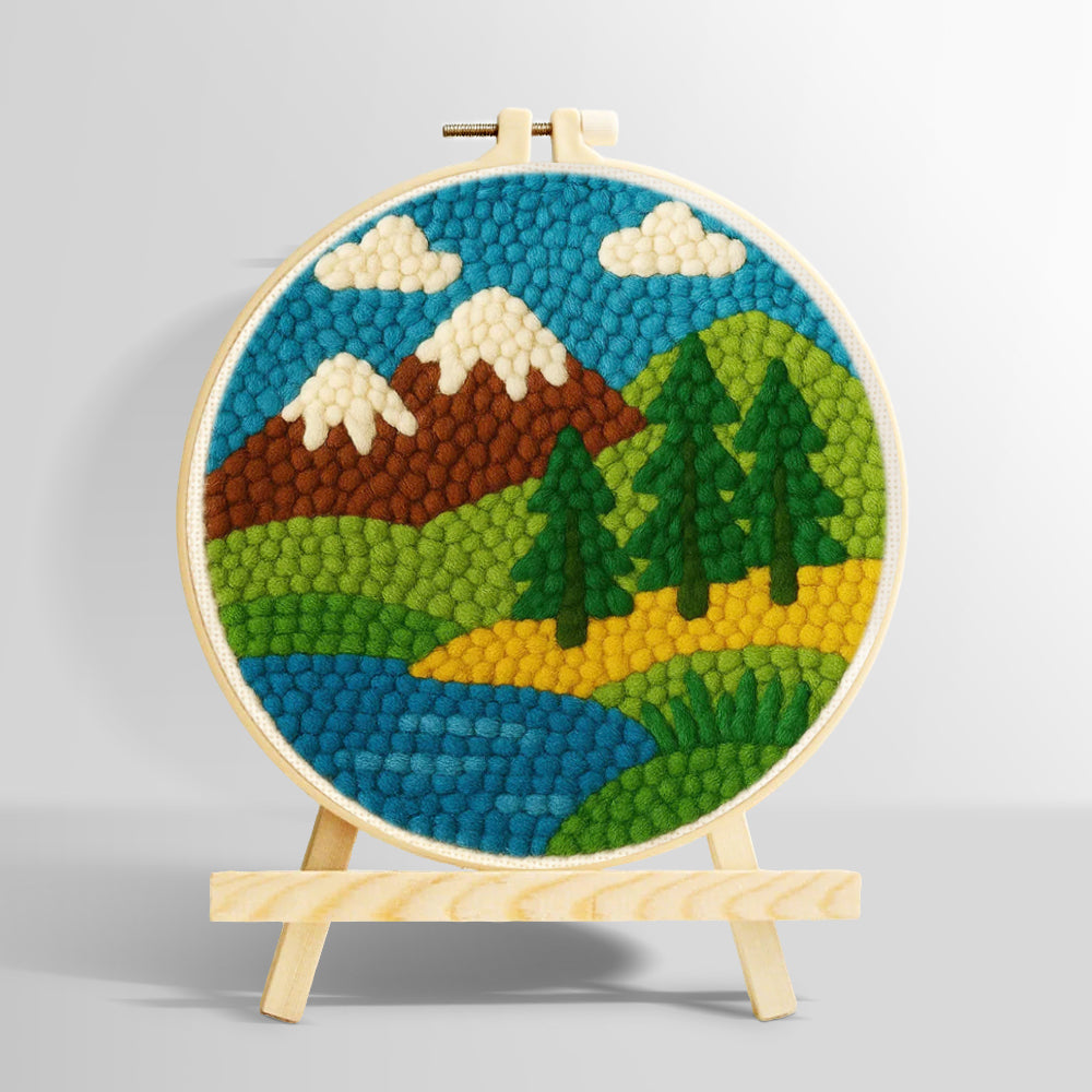 Brown mountains and pine trees by the river punch needle kit for beginners