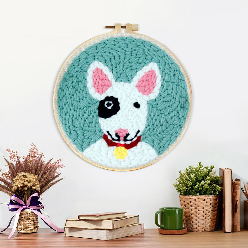 Finished bull terrier artwork displayed on a wall