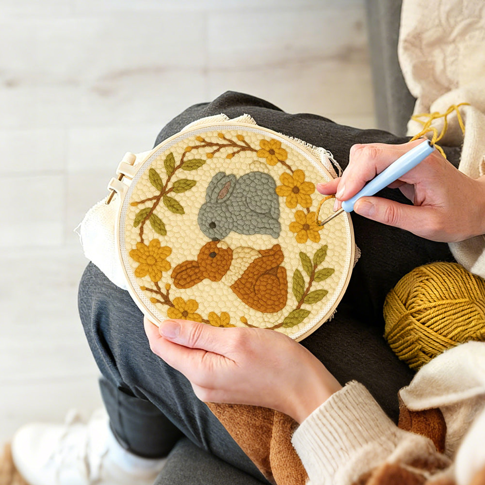 Creating handmade bunny love wreath punch needle artwork