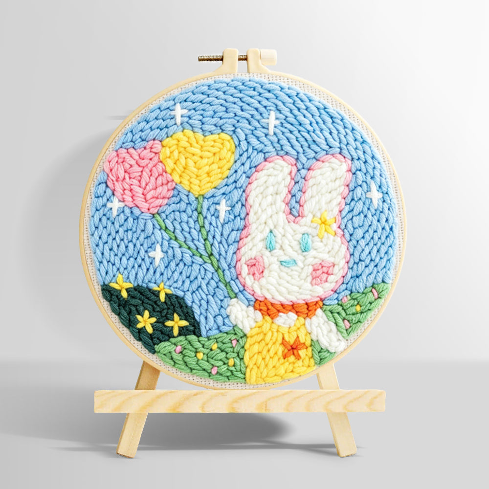Bunny with heart-shaped balloons punch needle kit for beginners