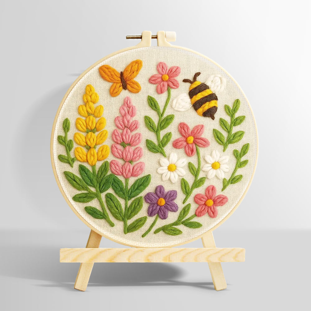 Butterfly, bee and wildflowers punch needle kit for beginners