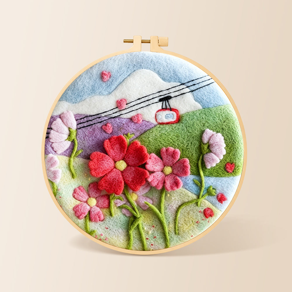 Cable car over mountain flowers needle felting kit for beginners with a round wooden frame