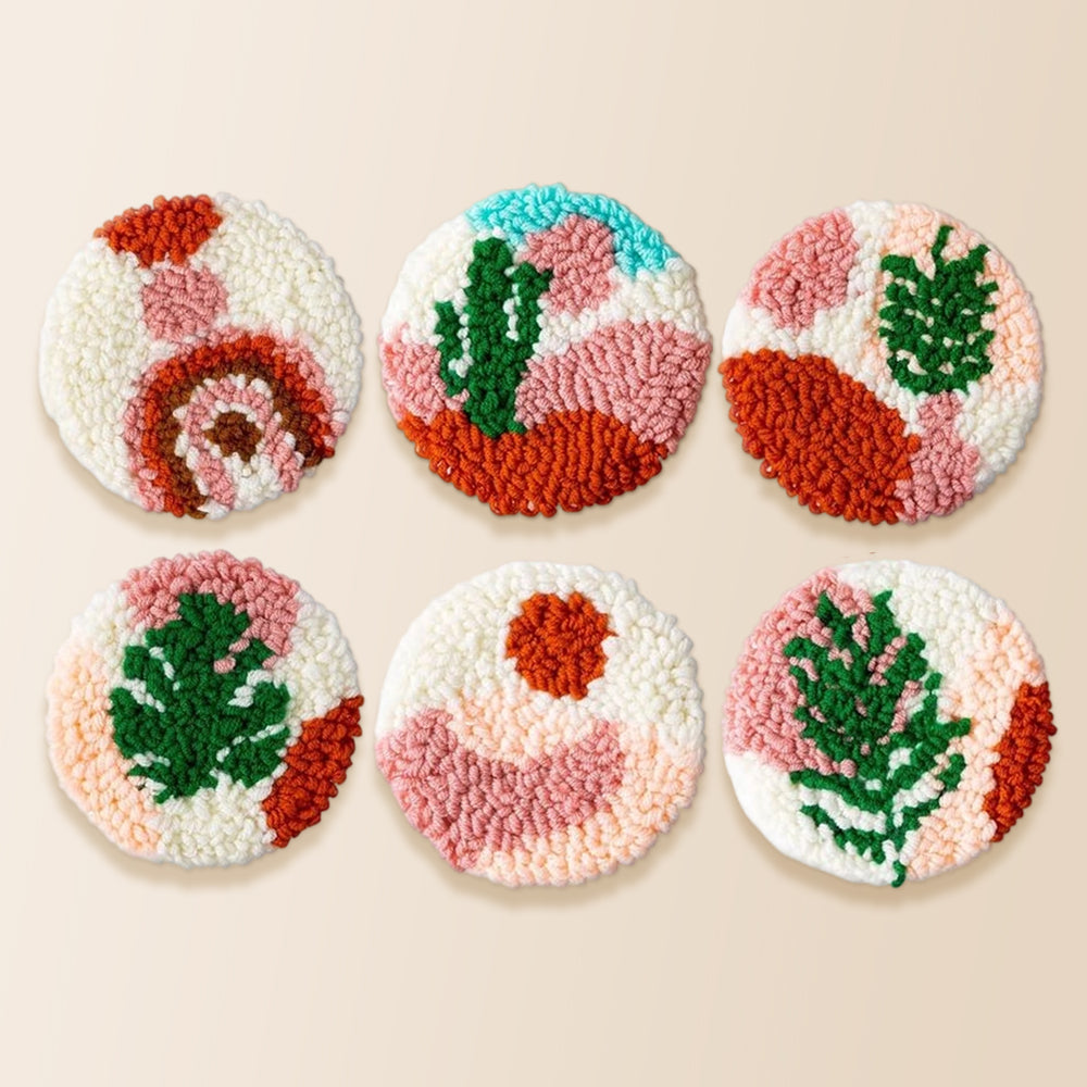 Cactus and plant leaves punch needle coaster kit finished handmade coasters