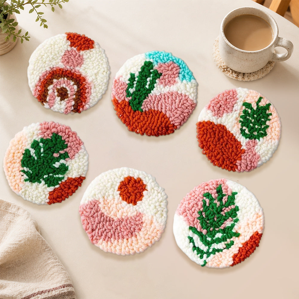 Cactus and plant leaves punch needle coasters used for home decoration