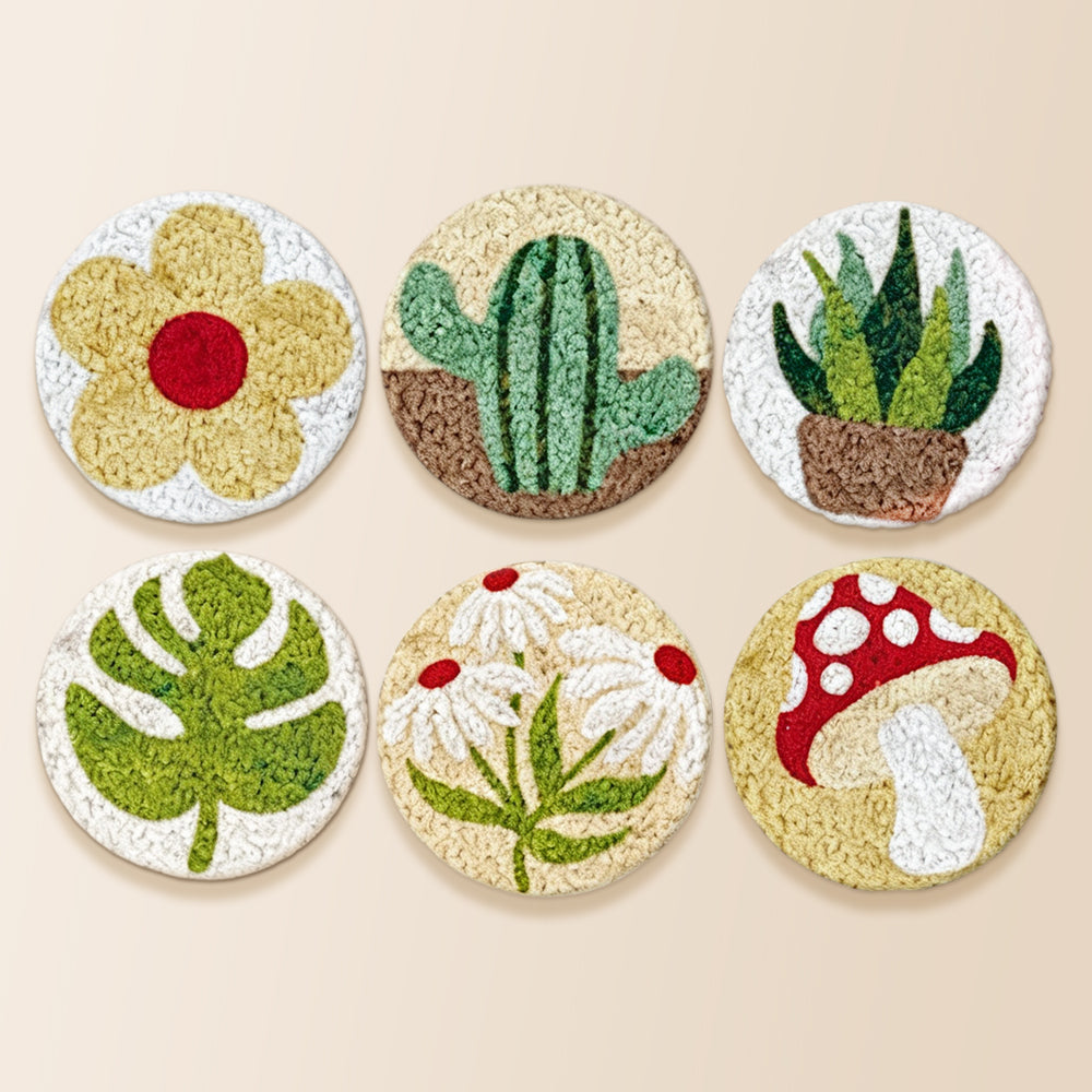 Cactus, flowers and mushroom punch needle coaster kit finished handmade coasters