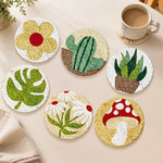 Cactus, flowers and mushroom punch needle coasters used for home decoration