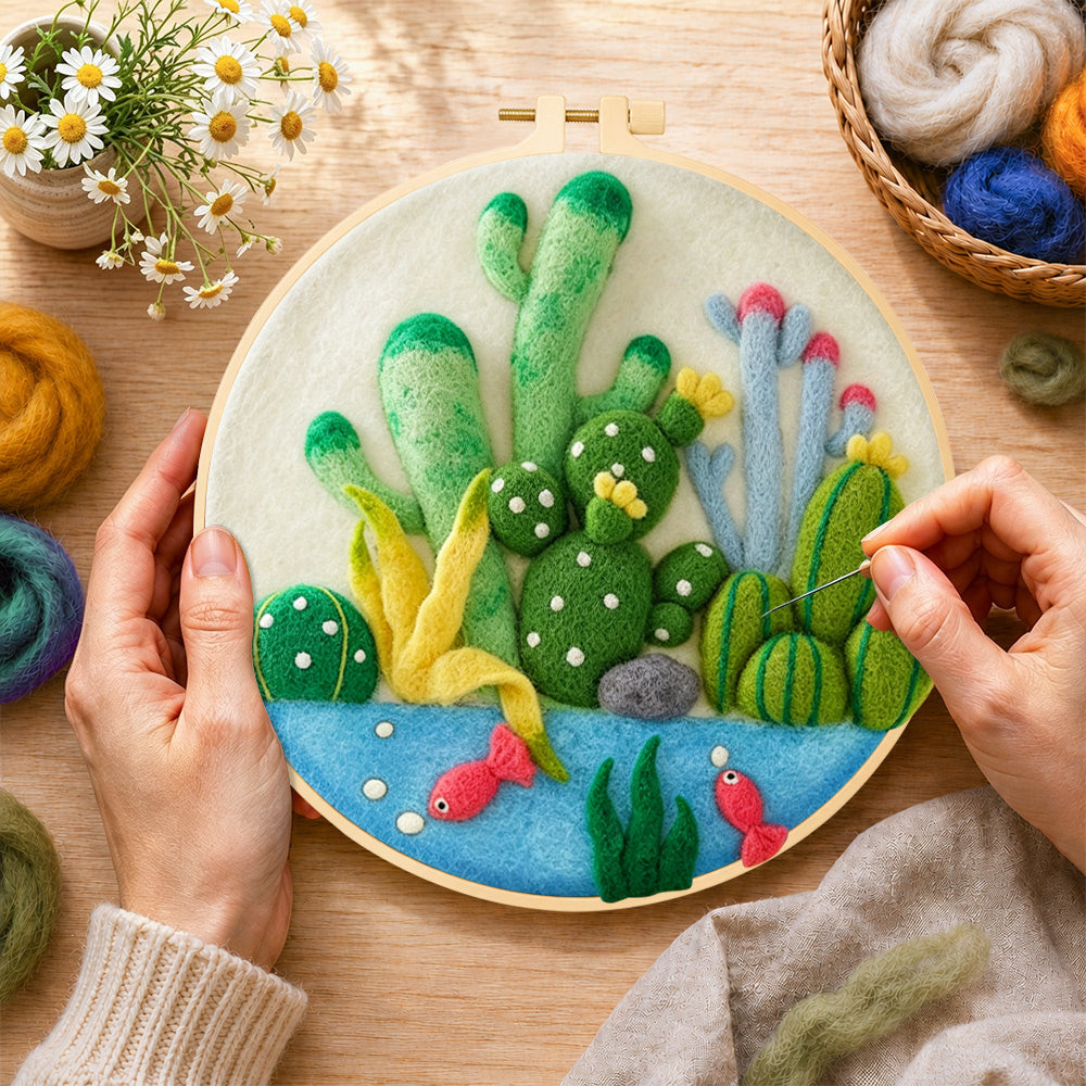 Creating the cactus garden with fish wool painting by hand with a felting needle