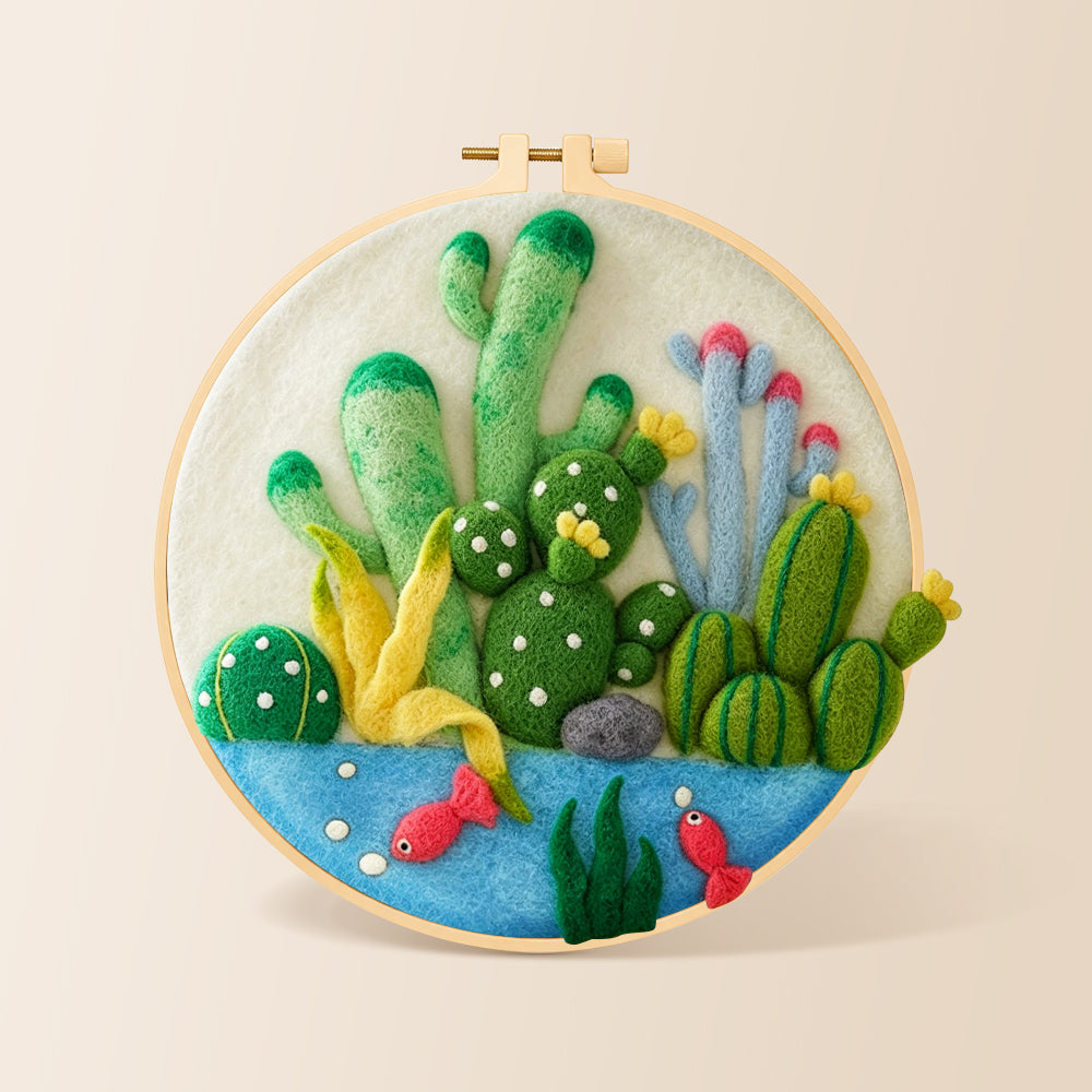 Cactus garden with fish needle felting kit for beginners with a round wooden frame